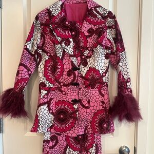 Pink and White Floral Suit Jacket with Fur Trim
